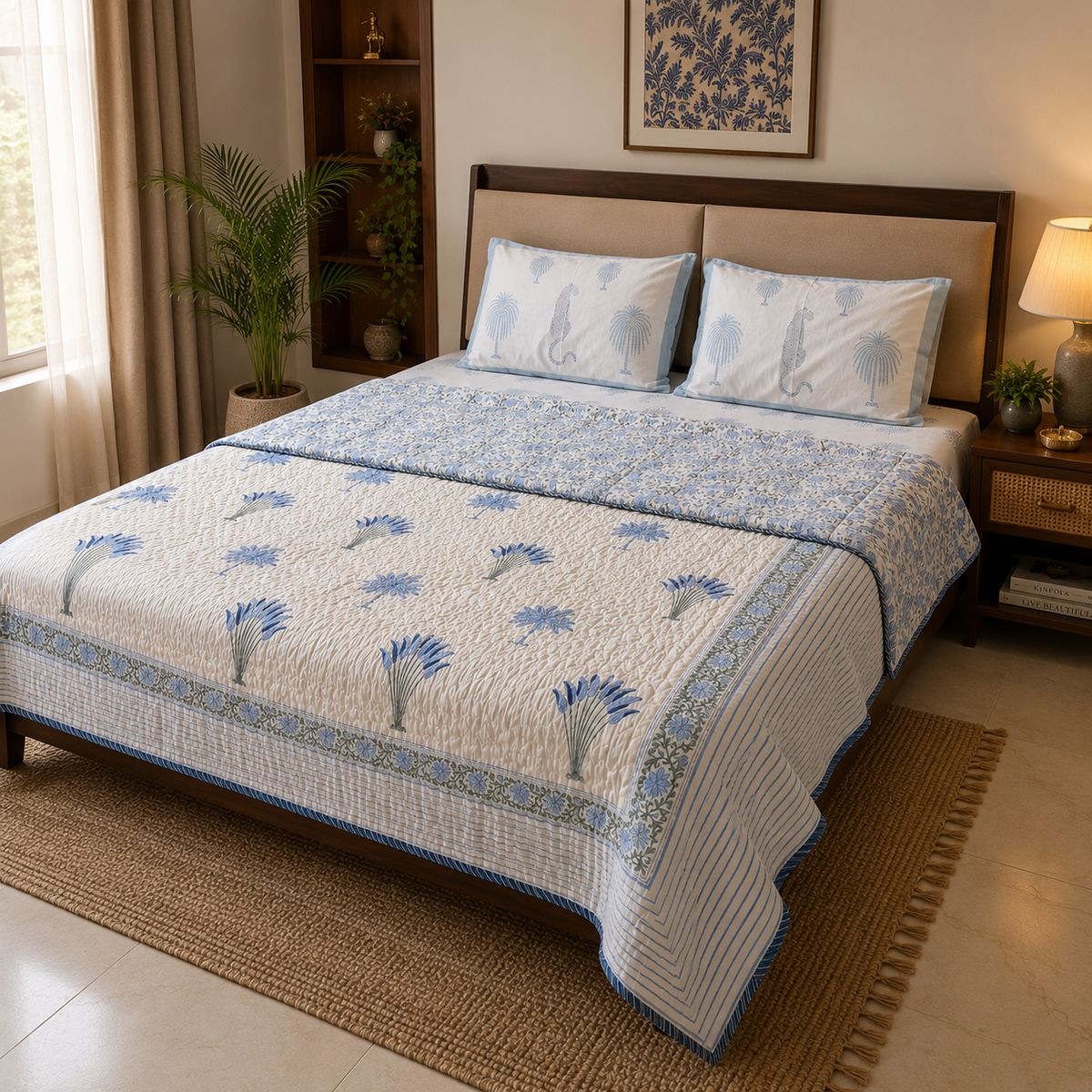 Sagar quilt on bed, side angle