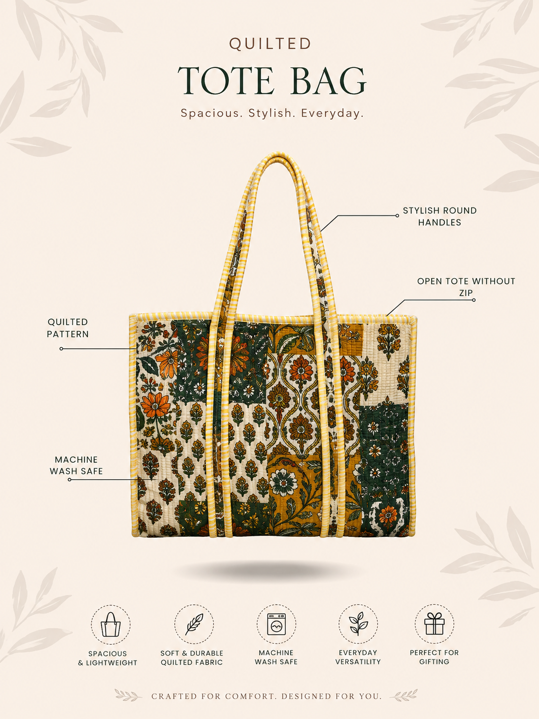 Champa Quilted Cotton Tote Bag - feature infographic