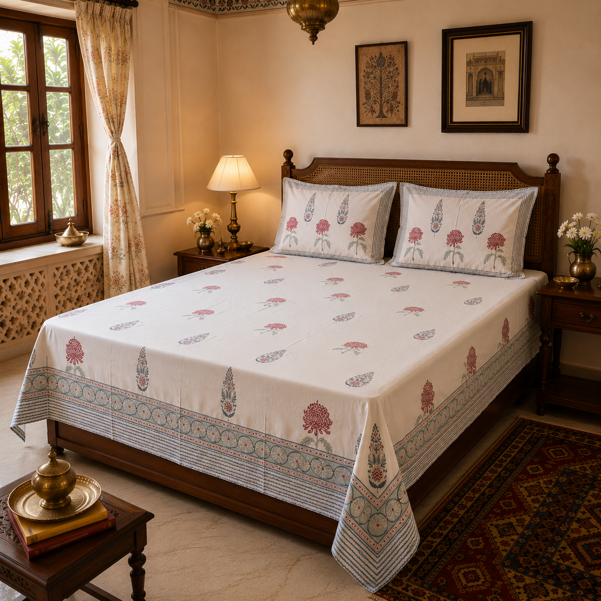 Ambari rust hand block printed bedsheet on bed