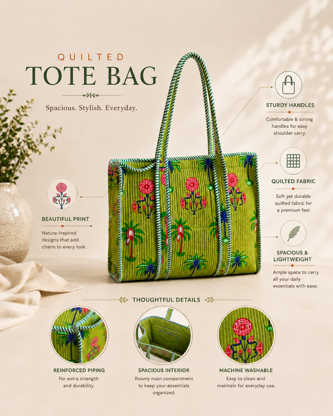 Mehendi Quilted Cotton Tote Bag - feature infographic