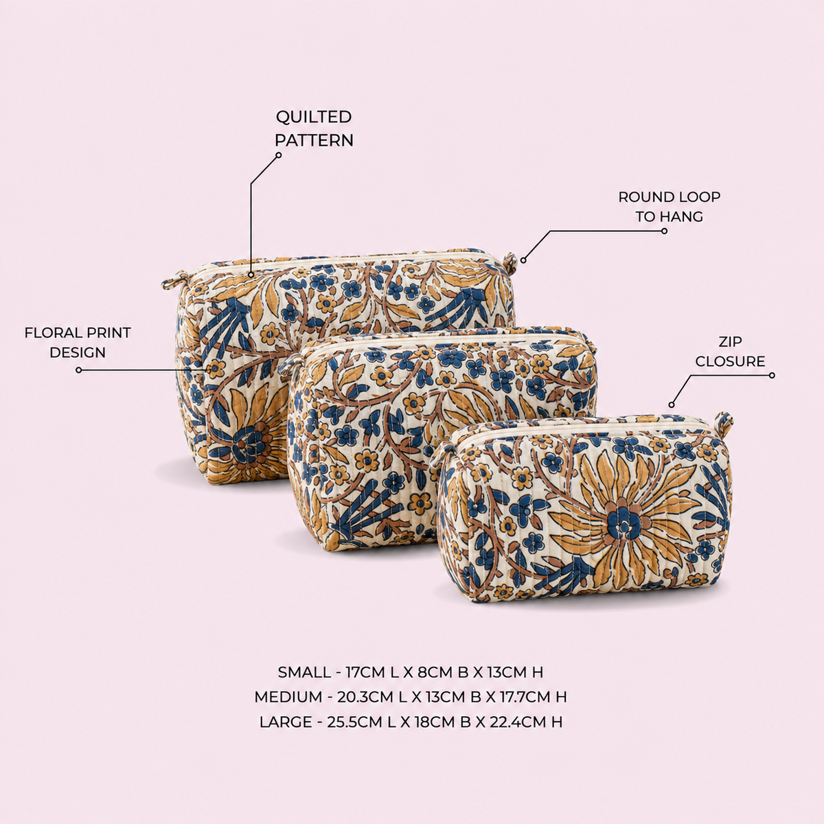 Nilambari Quilted Cotton Pouch Set - feature infographic
