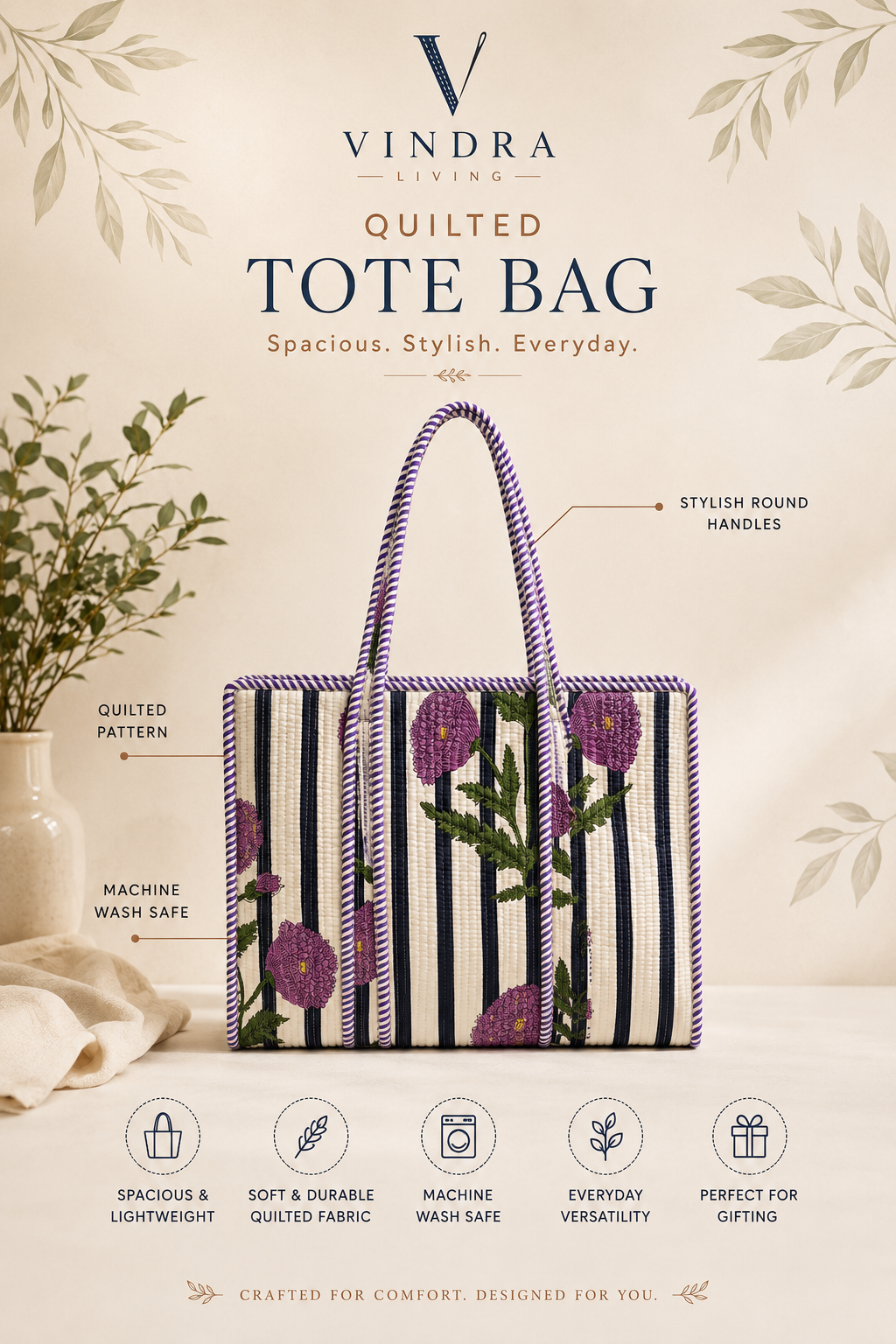 Jamun Quilted Cotton Tote Bag - feature infographic