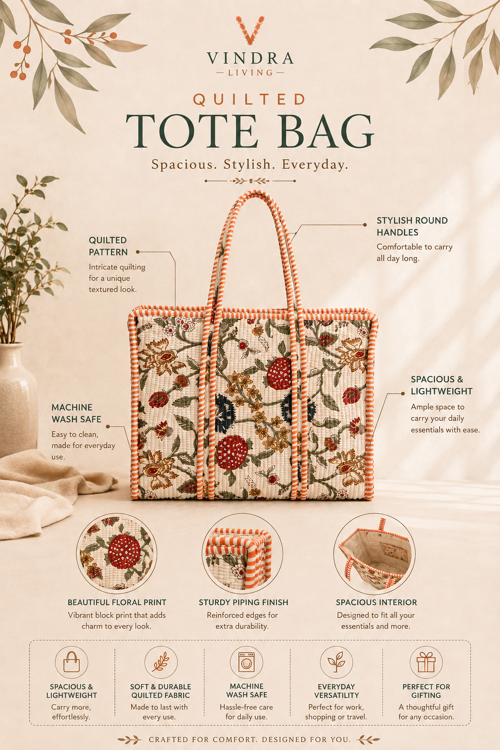 Kesari Quilted Cotton Tote Bag - feature infographic