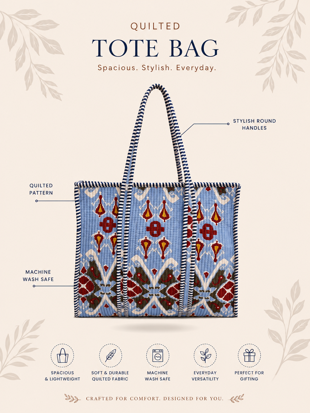 Neela Quilted Cotton Tote Bag - feature infographic