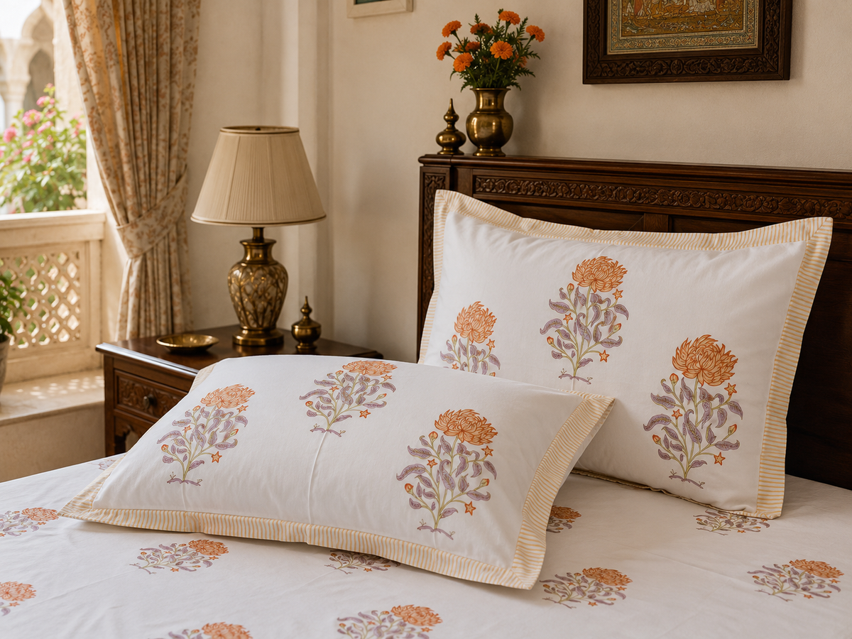 Close-up of Kairavi orange and lilac floral print