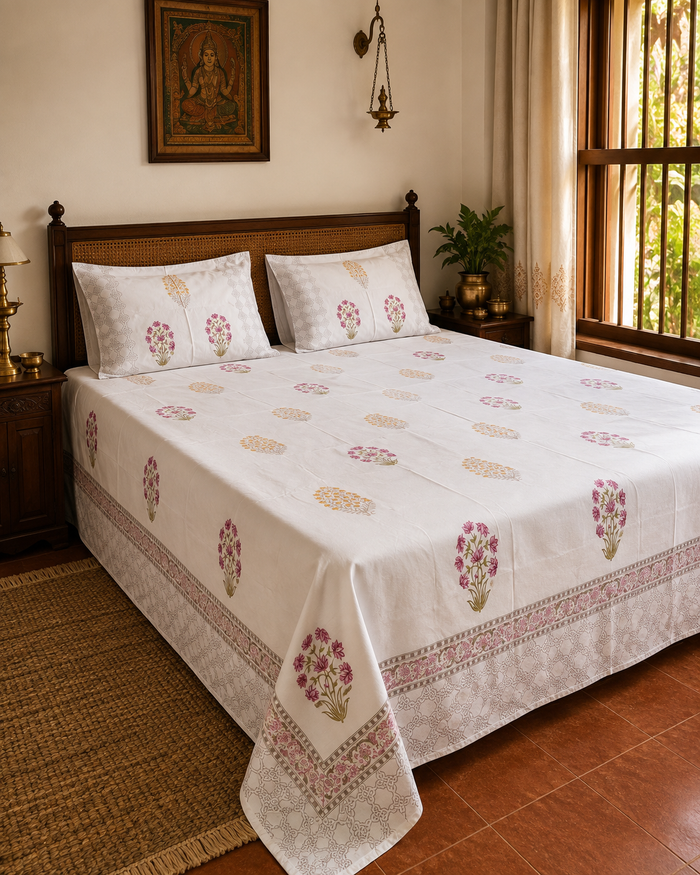 Gulnaar ivory hand block printed cotton king bedsheet on bed
