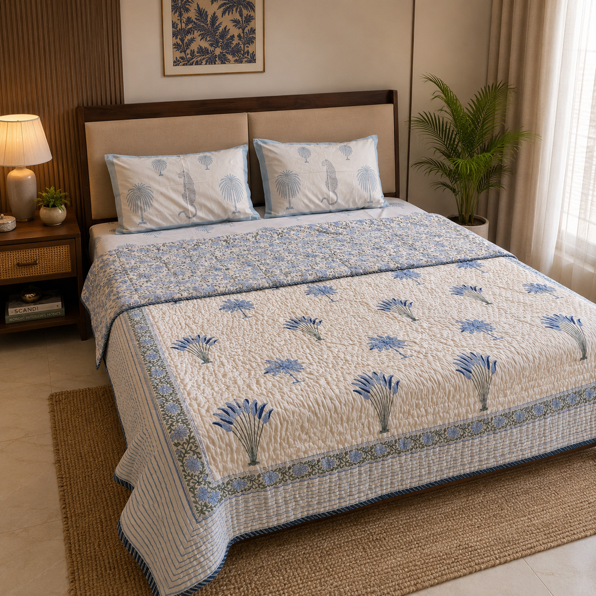 Sagar misty blue hand block printed cotton quilt on bed