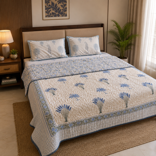 Sagar misty blue hand block printed cotton quilt on bed