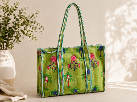 Mehendi green quilted cotton tote bag, front view