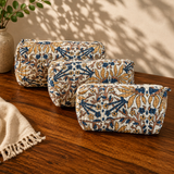 Nilambari indigo and mustard quilted cotton pouch set, front view
