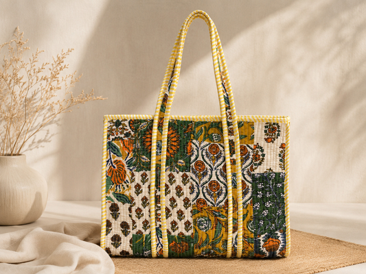 Champa yellow quilted cotton tote bag, front view