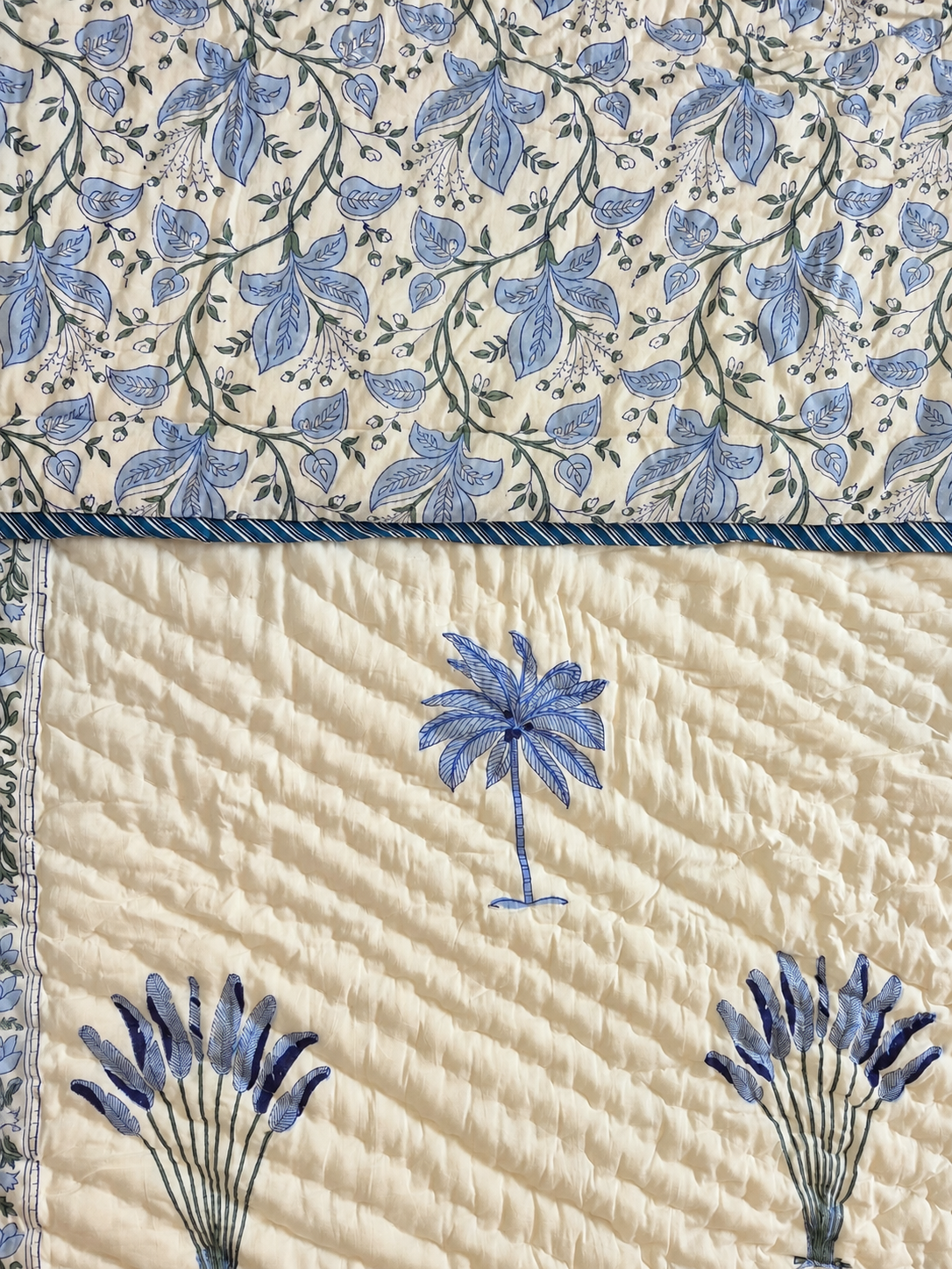 Sagar quilt border detail with indigo floral vine and palm tree print