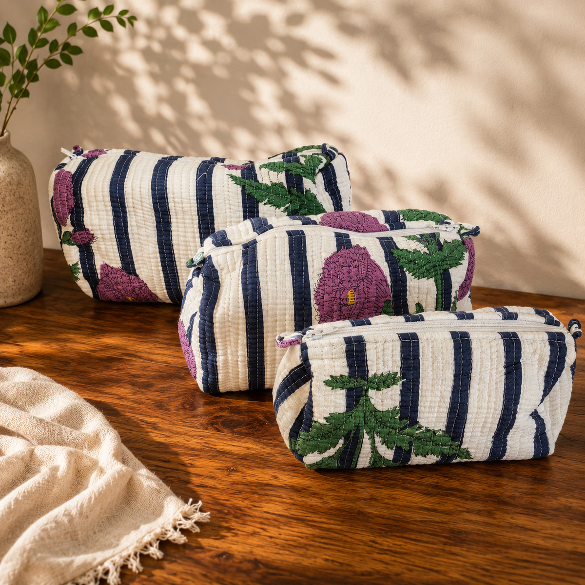 Rani pink quilted cotton pouch set, front view