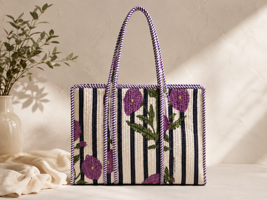 Jamun purple quilted cotton tote bag, front view