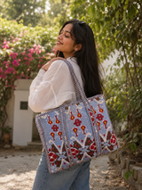 Neela indigo quilted cotton tote bag, front view