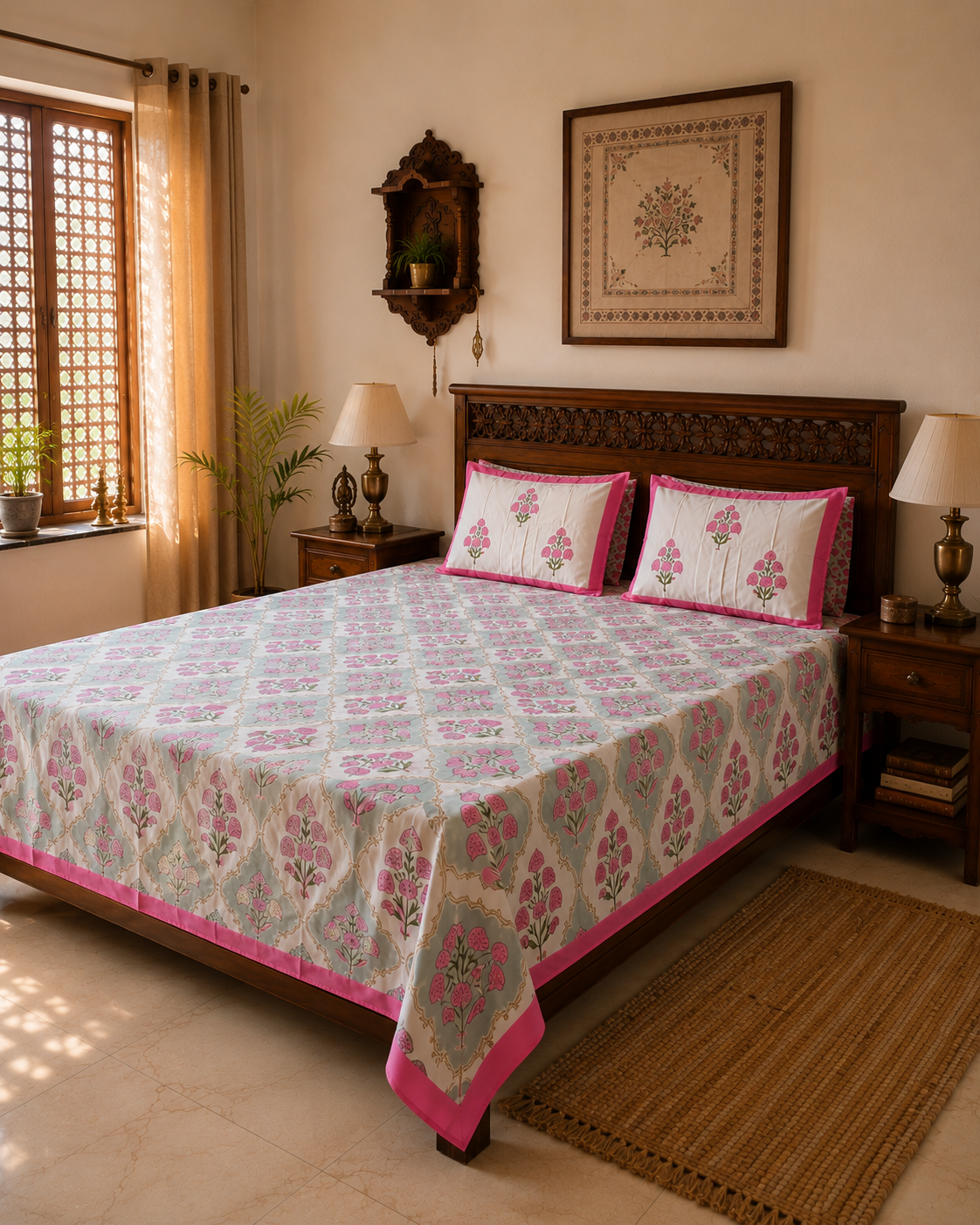 Pushplata pink hand block printed bedsheet on bed