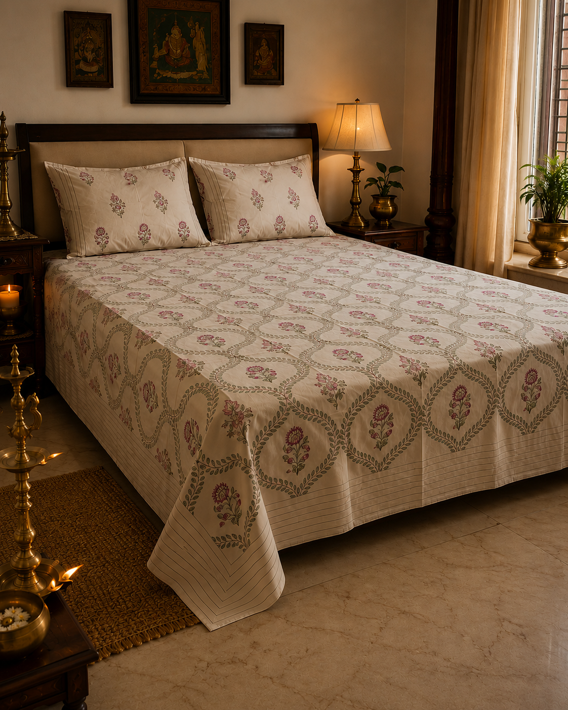 Kusumrekha champagne floral hand block printed king bedsheet on bed