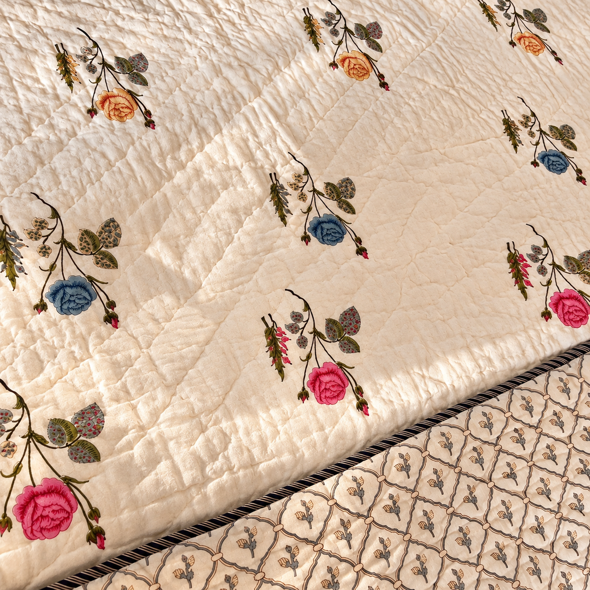 Basant quilt reverse with blue lattice