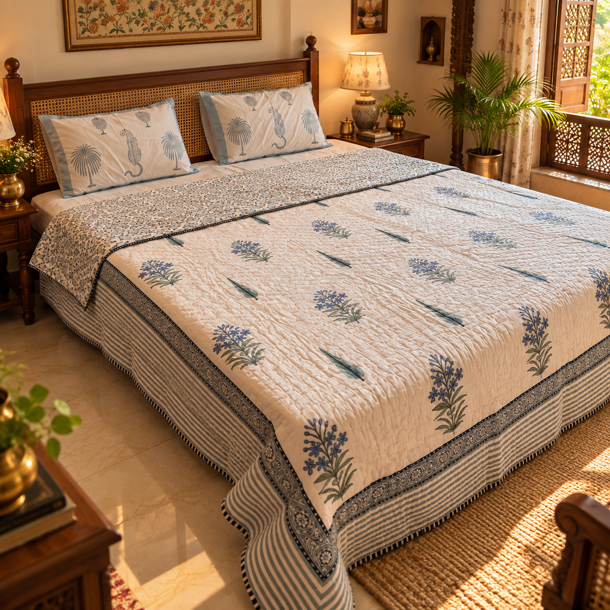 Nilgiri sage and blue hand block printed cotton quilt on bed
