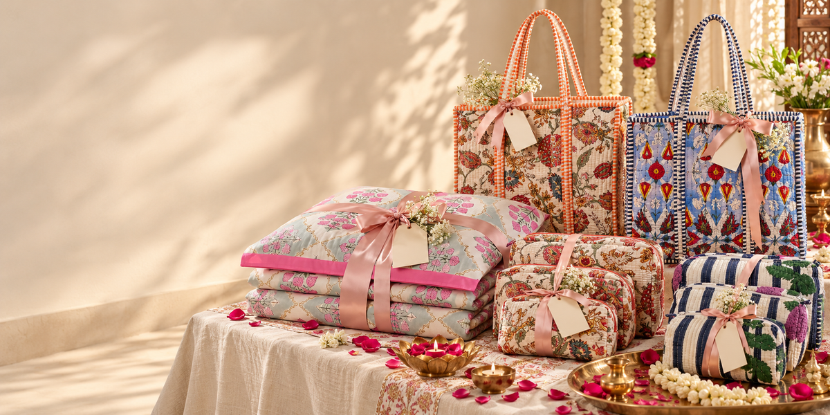 Wedding return gifts: quilted cotton tote bags, pouch sets and bedsheet tied with ribbons and gift tags
