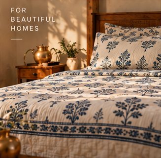 Block printed bedding on a wooden bed