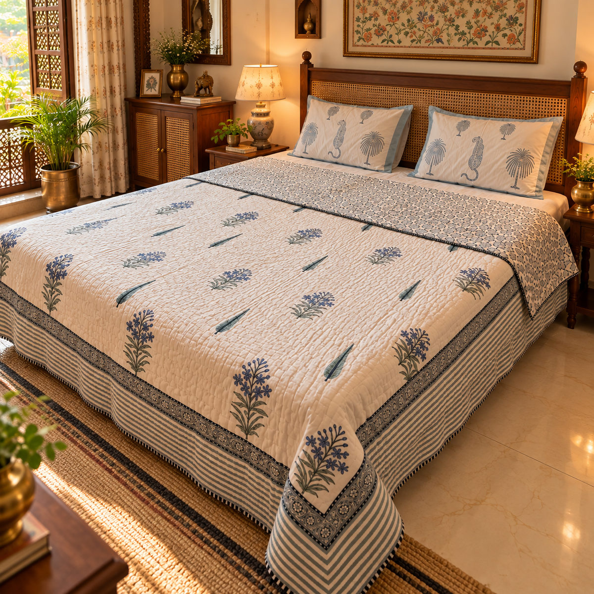 Nilgiri quilt on bed, side angle