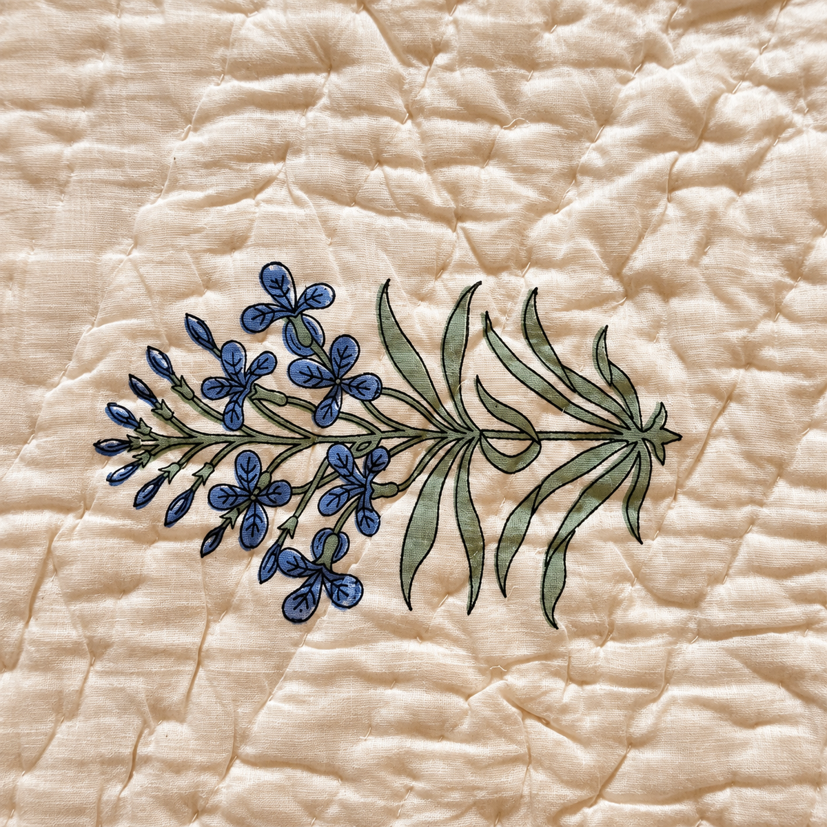Close-up of Nilgiri quilt blue floral sprig hand block print