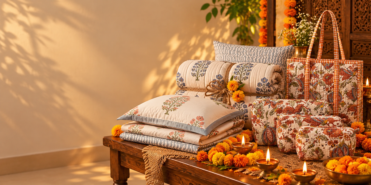 Diwali gifting: hand block printed quilts, bedsheets, pouch sets and tote with diyas and marigolds