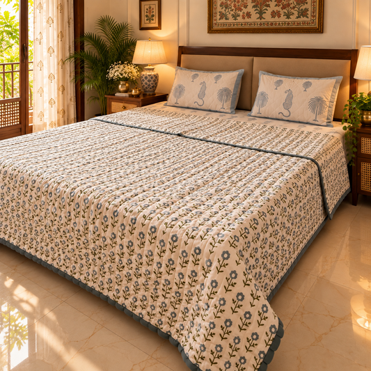 Phulwari olive and blue floral hand block printed cotton quilt on bed