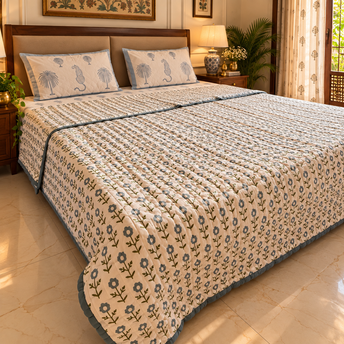 Phulwari quilt on bed, side angle