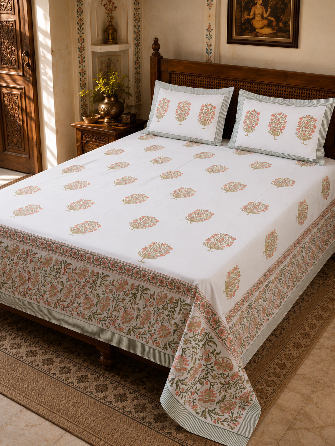 Orange and green motif king bedsheet with 2 pillow covers